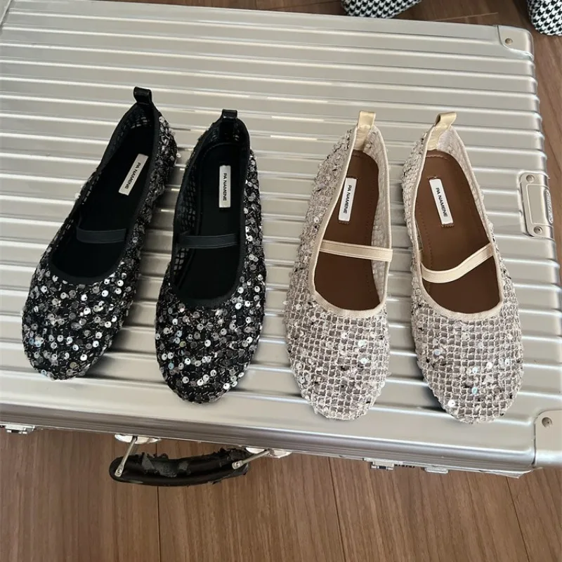 

2024 Autumn New Round Head Sequins Breathable Mesh Women's Shoes Soft Sole Casual Shallow Mouth Single Flat Shoes Ballet