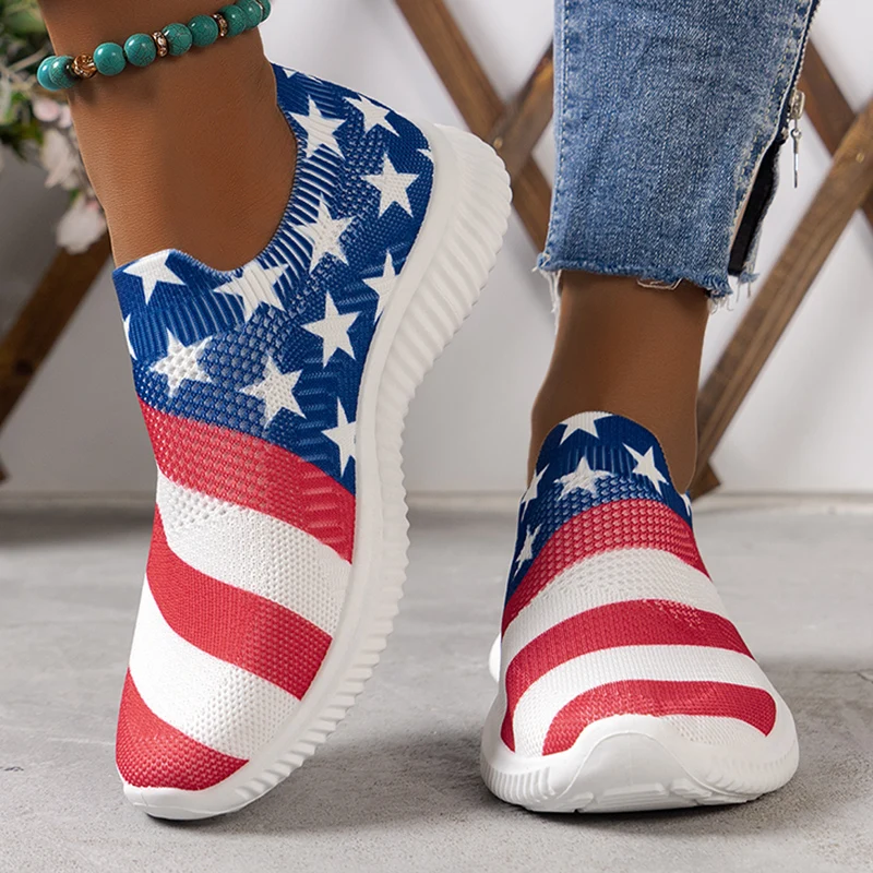 Women's Independence Day Print White Sneakers 2024 Autumn Slip On Breathable Mesh Flats Woman Plus Size Non Slip Casual Loafers