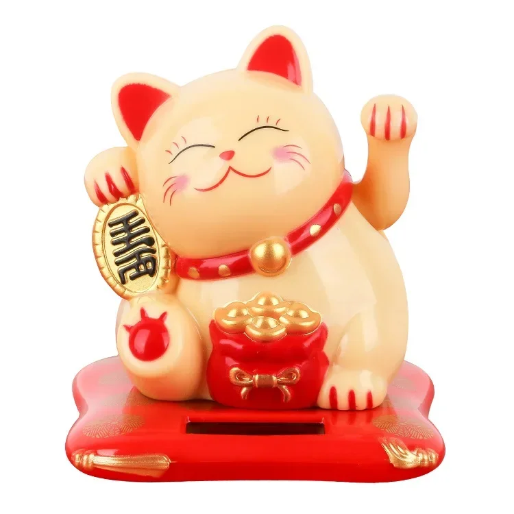 Solar Powered Maneki Neko Lucky Cat Welcoming Chinese Lucky Cat Waving Hand Beckoning Fortune Cat Figurines For Home Decor