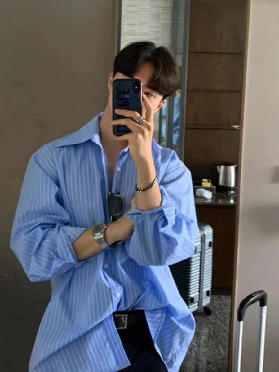 

Blue Striped Casual Shirt Men's Spring Summer Korean Style Retro Cool Versatile Trendy Brand INS Outerwear Couple's Shirt