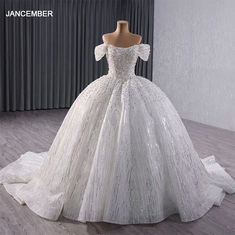 

Jancember Wholesale Customization Wedding Dresses For Women Organza Ball Gown Boat Neck Cap Sleeve Beading vestido de novia