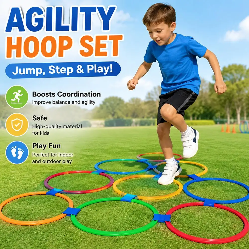 Outdoor Funny Physical Training Sport Lattice Jump Ring Set Game 10 Hoops 10 Connectors for Park Football Training Supplies
