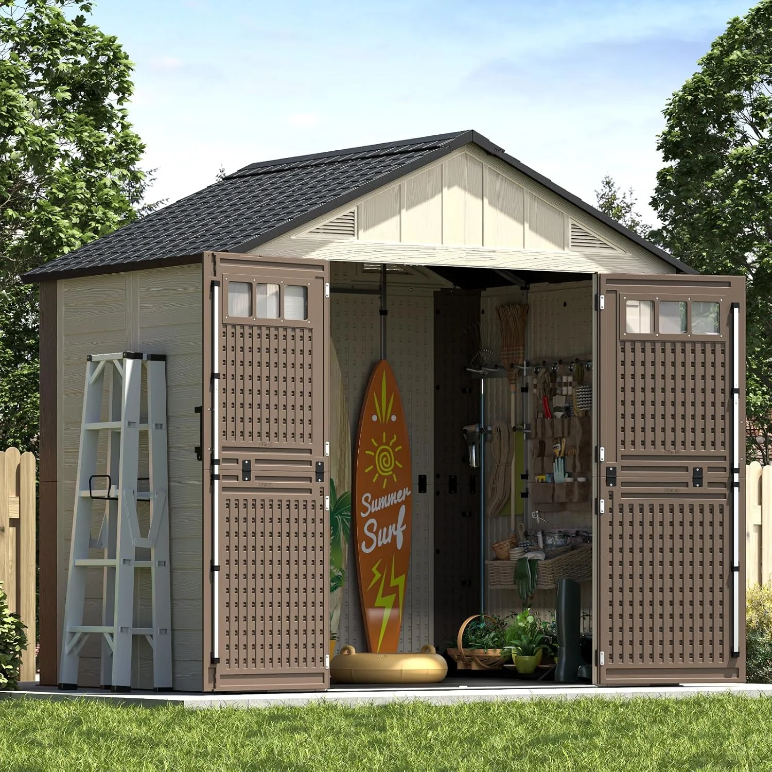 IWDOO 8x6 FT Outdoor Storage Shed with Floor, Large Resin Garden Shed with Lockable Doors, Plastic Storage House for Bikes & Tools, Khaki