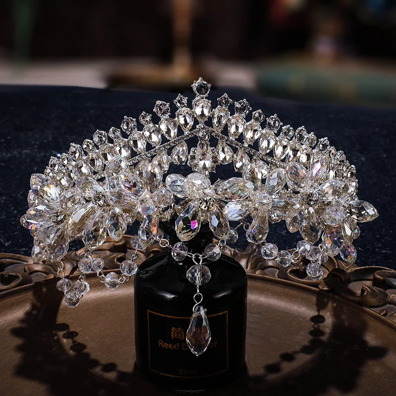 

Romantic Sparkling Baroque Style Bridal Wedding Dress Headwear Colorful Rhinestone Women Crown Earrings Set Birthday Ball Gift