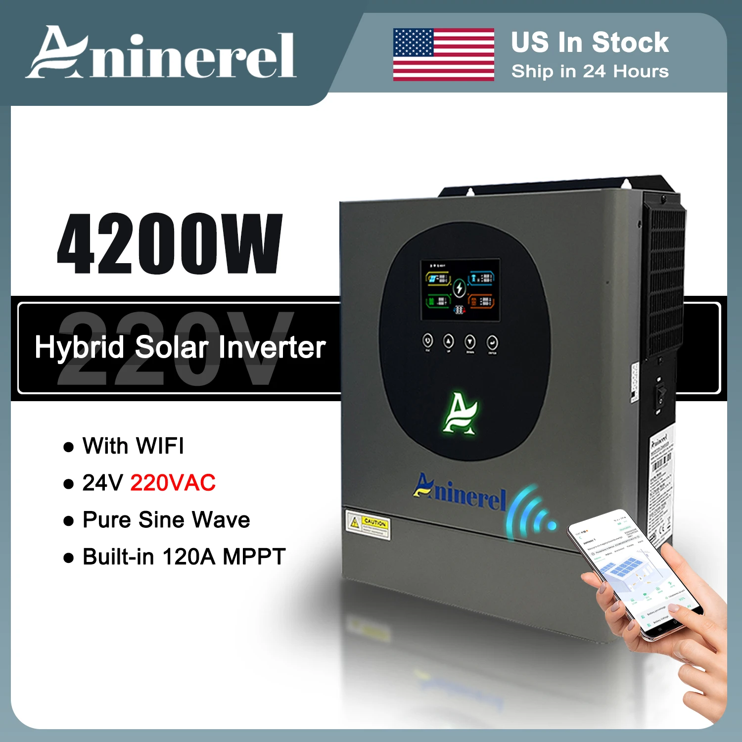 Aninerel 24V 4200W Hybrid Solar Inverter Built-in 120A MPPT 220VAC Pure Sine Wave Dual Outputs Home Inverter With WIFI PV60-500VDC US In Stock