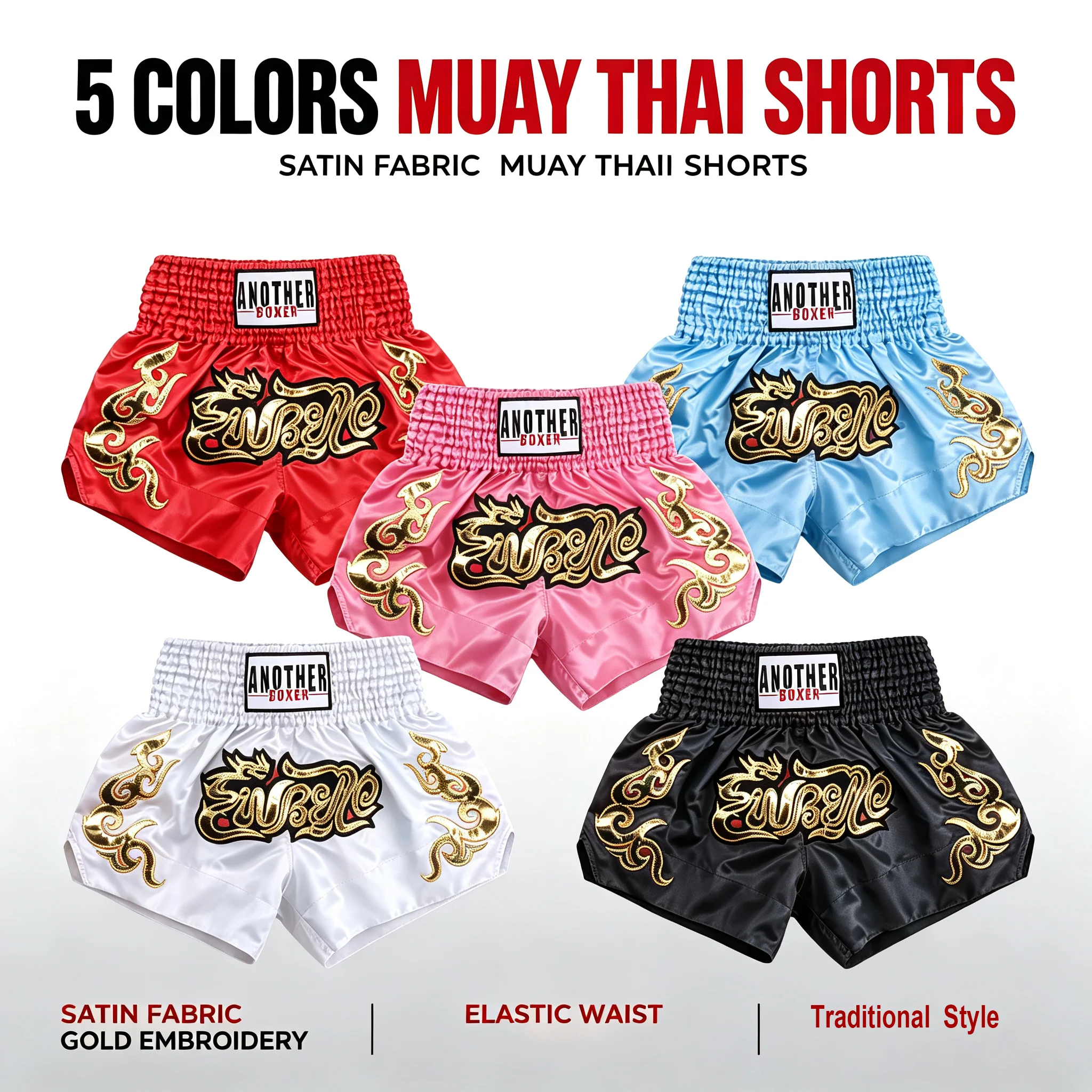 Muay Thai Shorts mit Goldener Satinstickerei, Kickbox- und Boxershorts mit Elastischem Bund für Männer, Frauen und Kinder, Training und Sparring