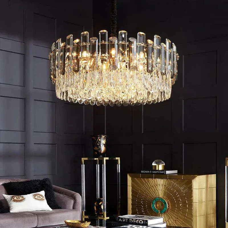 Modern Luxury Living Room Round K9 Led Pendant Lamp Led Hanging Lamp Dinng Room Line Lustre Gray & Clear Crystal Suspend Lamp