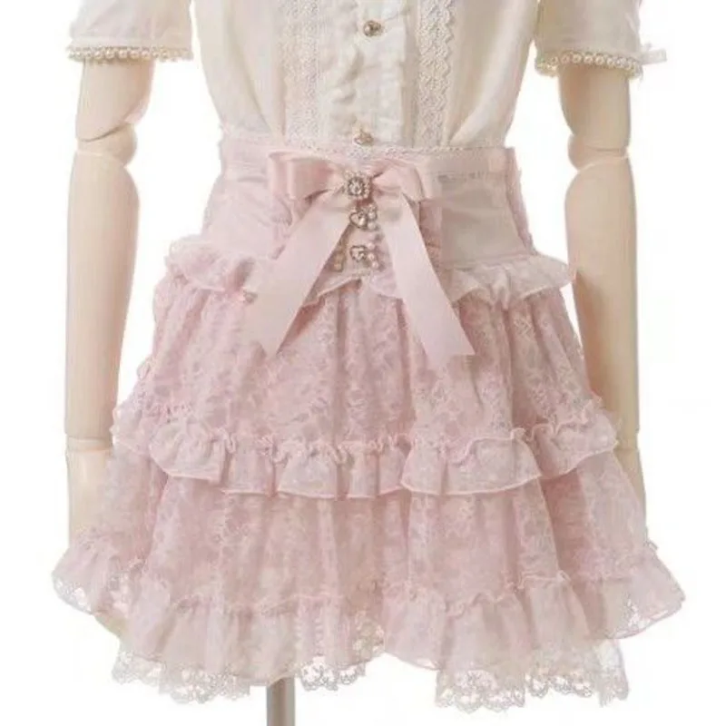 

Bow Dresses Y2K Lizzisa Landmine Soft Girl Japan Sweet And Cute Lace Bow Ruffle Half Skirt A-line Medium Waist Short Skirt New