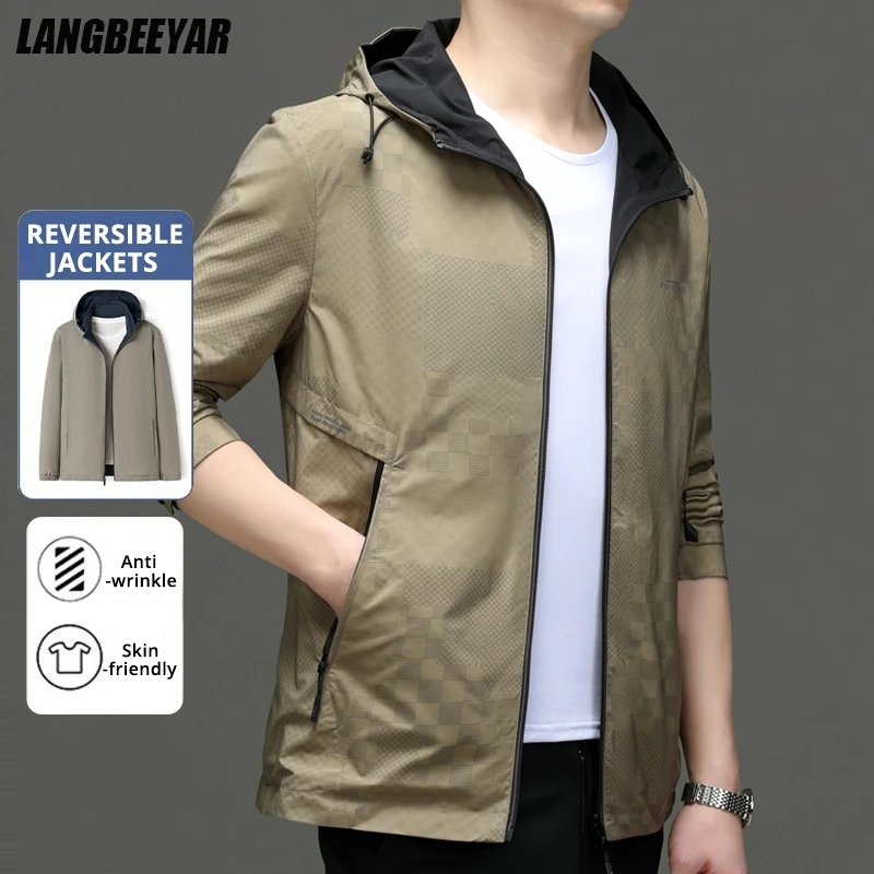 

Высококачественная двусторонняя водонепроницаемая дышащая куртка для мужчин с капюшоном, повседневная спортивная уличная ветровка с мягким корпусом, пальто, верхняя одежда