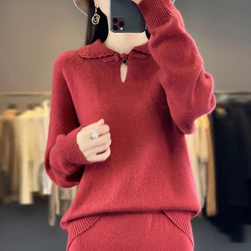 

Women's Cashmere Sweater with Lapel Doll Collar, Female Pullover Wool, Long Sleeve, Buckle with Bottoming, New, Fall, Winter