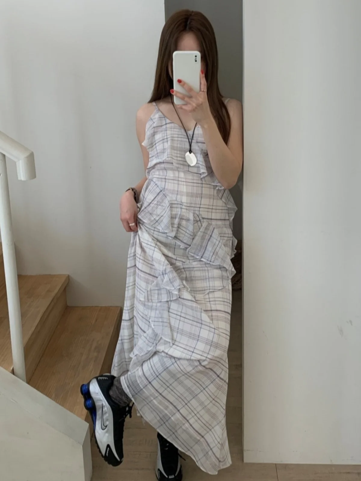 Vestido f e xadrez estilo coreano, camada base emaecedora, vestido longo com mangas de sino, decote em v, cin...