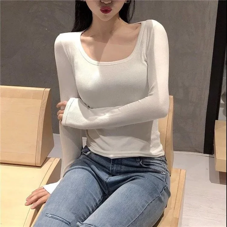 قميص نسائي بياقة منخفضة وأكمام طويلة، تصميم ربيعي جديد، قميص ضيق بياقة دائرية كبيرة، تي شيرت كوري الطراز للعمل #2