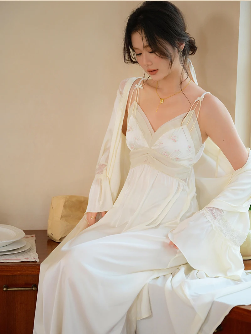 French Sexy Robe Gown Fairy Nightgown Two-piece Set Women Spring Chiffon Mesh Vintage Princess Pajama Sleepwear Home Clothing