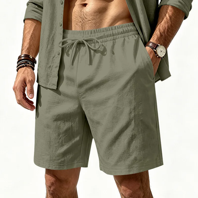 Men's Summer Beach Casual Shorts European American Style Elastic Waist Drawstring Five-Pocket Outdoor Vacation Shorts