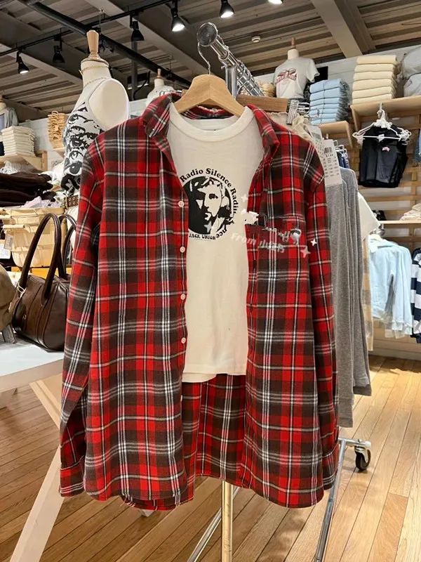 

Red Plaid Oversized College Sle irt Vintage Brandy Girl BM Spring Collection Women's Collar Long Sve Button Detail