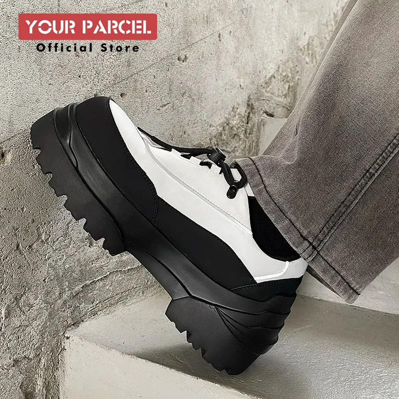 Black and white color blocked dad shoes, men's height increasing thick soled leather sports shoes, outdoor reflective design