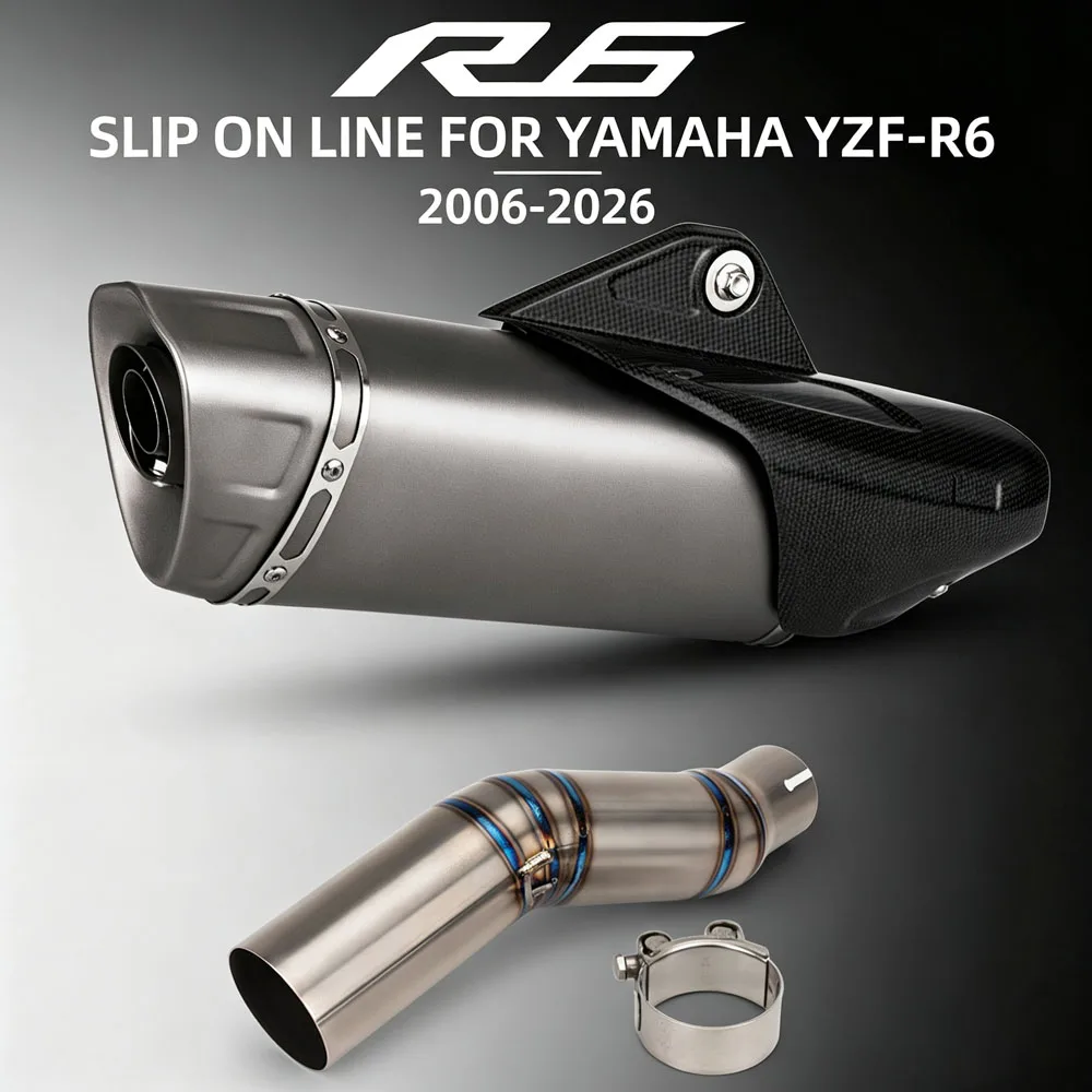 Motorcycle Exhaust Tail Tube Kit Middle Line Pipe Connection Escape Muffler With Cover Slip On For Yamaha YZF-R6 2006-2026