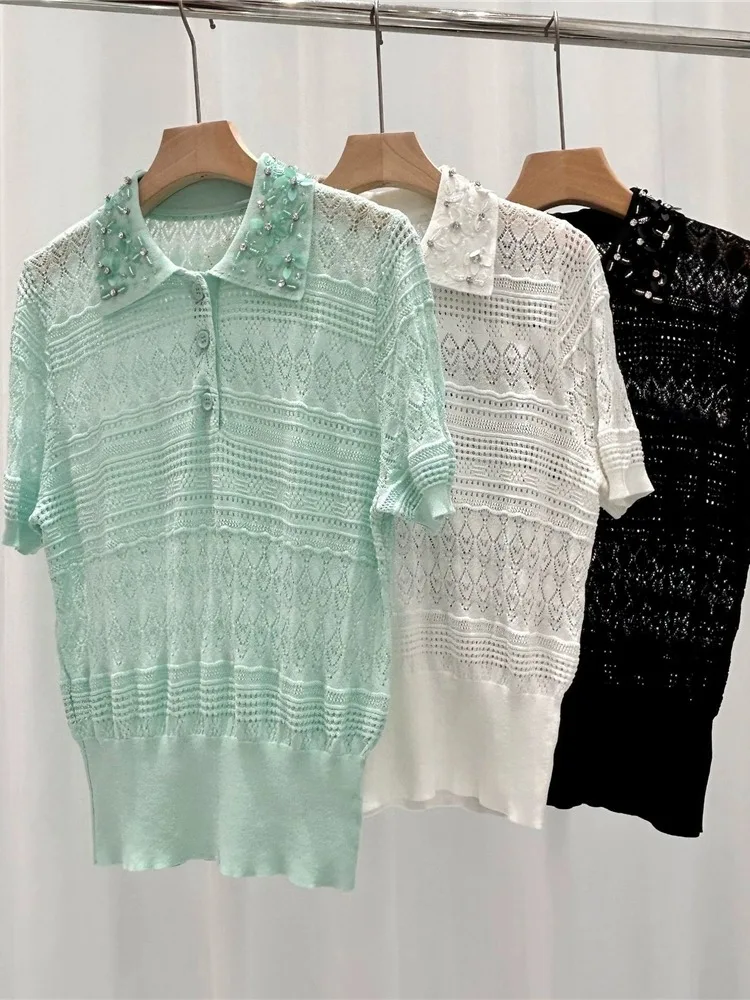 

High-End Version European Sle Fre een Heavy Sequin Embellied Knitted Hollow out ort Sve Open Cardigan Women's Top