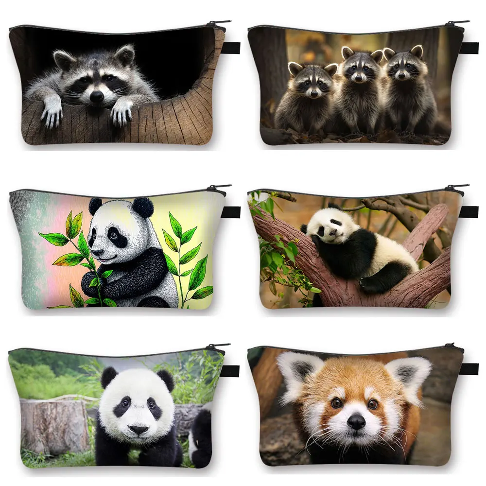 Estuche de cosméticos para mujer, bolsas de maquillaje de belleza, bolsa de aseo para mujer, almacenamiento de servilletas y lápiz labial, lindo Animal mapache rojo Panda