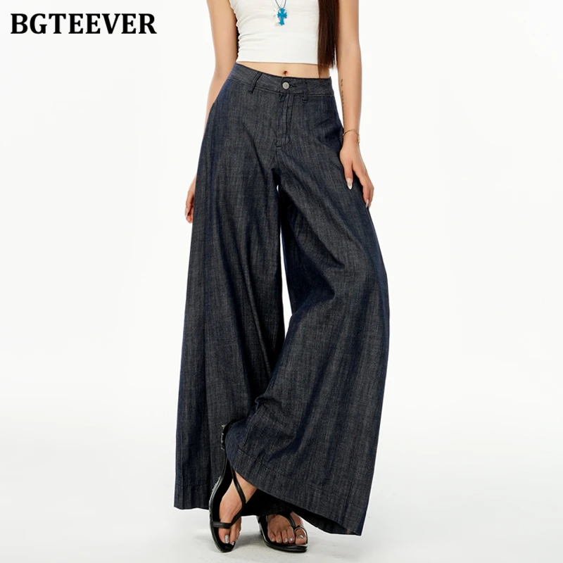 

BGTEEVER Vintage Loose Pockets Deneim Trousers for Women High Waist Ladies Wide Leg Jeans Pants