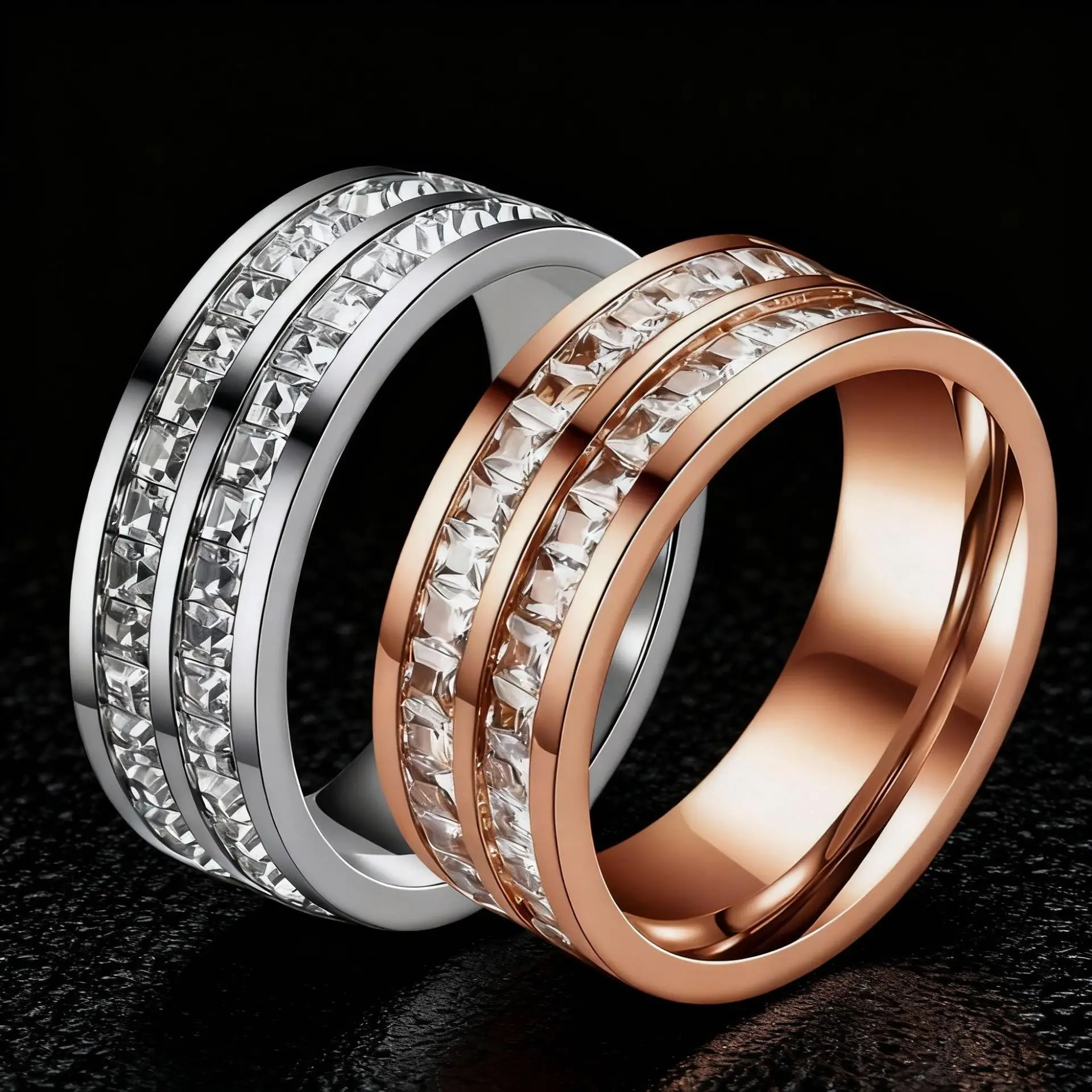 Stainless steel ring for women featuring electroplated light luxury finish with square or circular crystal drills in gold rose g