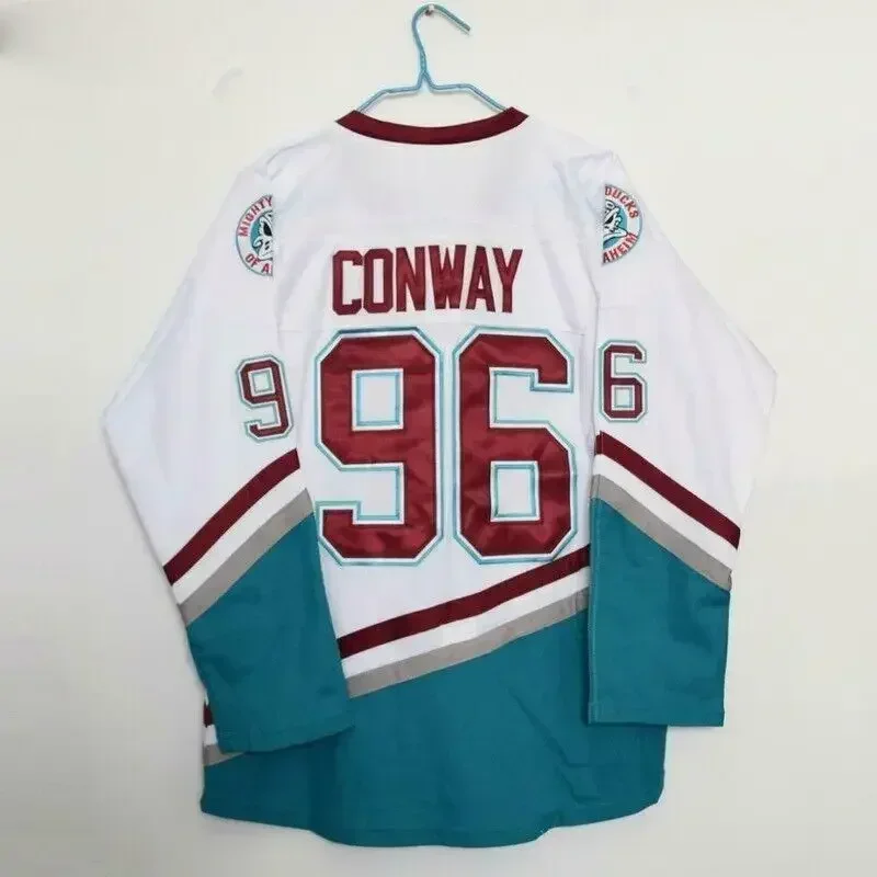The Mighty Ducks Movie Ice Hockey Jersey Conway 96# Banks 99# Stitched White Long Sleeve