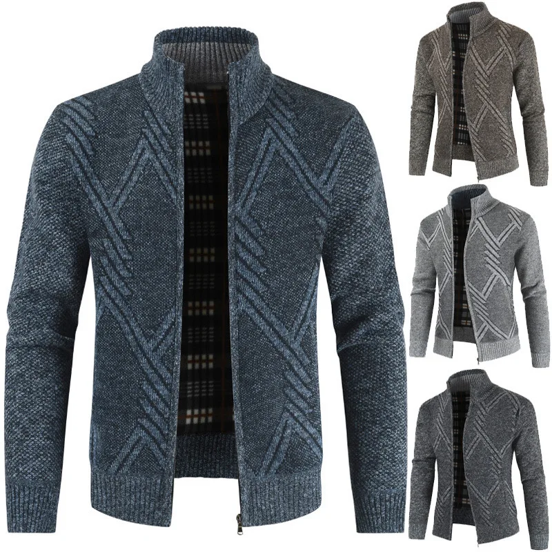 

Winter Fashion Men's Warm Cardigan Sweater Plus Velvet Thickening Slim Standing Collar Geometric Pattern Casual Knitted Jacket