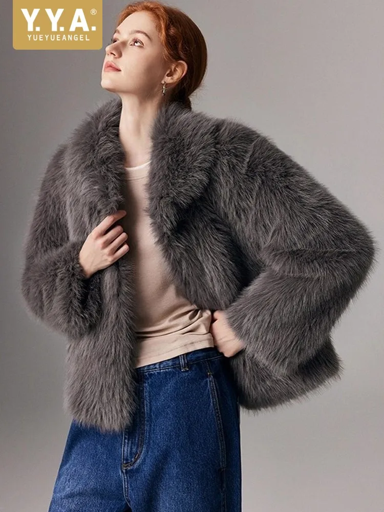 Winter Women Warm Faux Fur Jacket Lapel Collar Loose Fit Party Outwear Elegant Ladies Office Work Fluffy Artificial Fur Coats