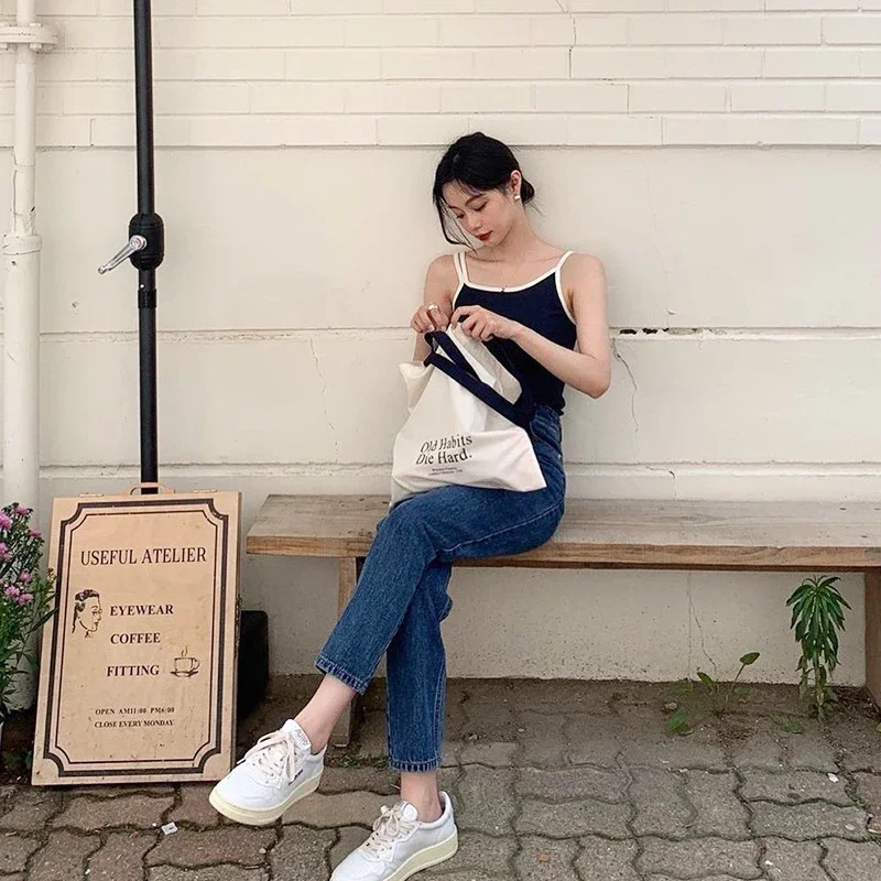 حقيبة قماش بكتف واحد، حرف بسيط، حقيبة ظهر للطلاب ذات سعة كبيرة، حقيبة تسوق محمولة باليد، حقيبة نسائية صديقة للبيئة #6