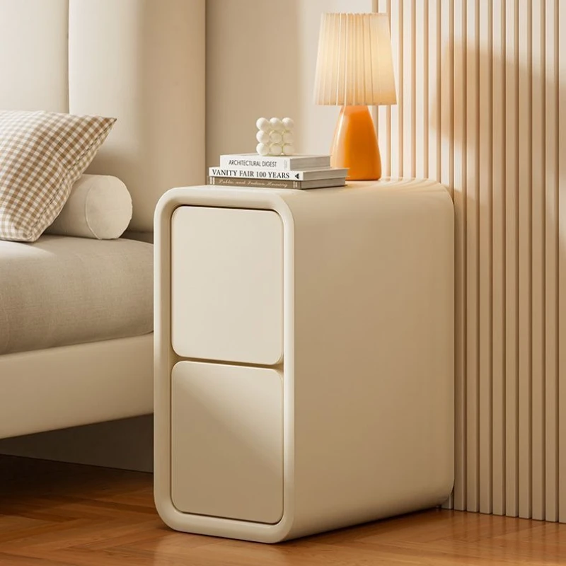 Compact Narrow Nightstand Modern Minimalist Small Bedside Table with 2 Drawers Cream Color No Assembly Required Nightstands