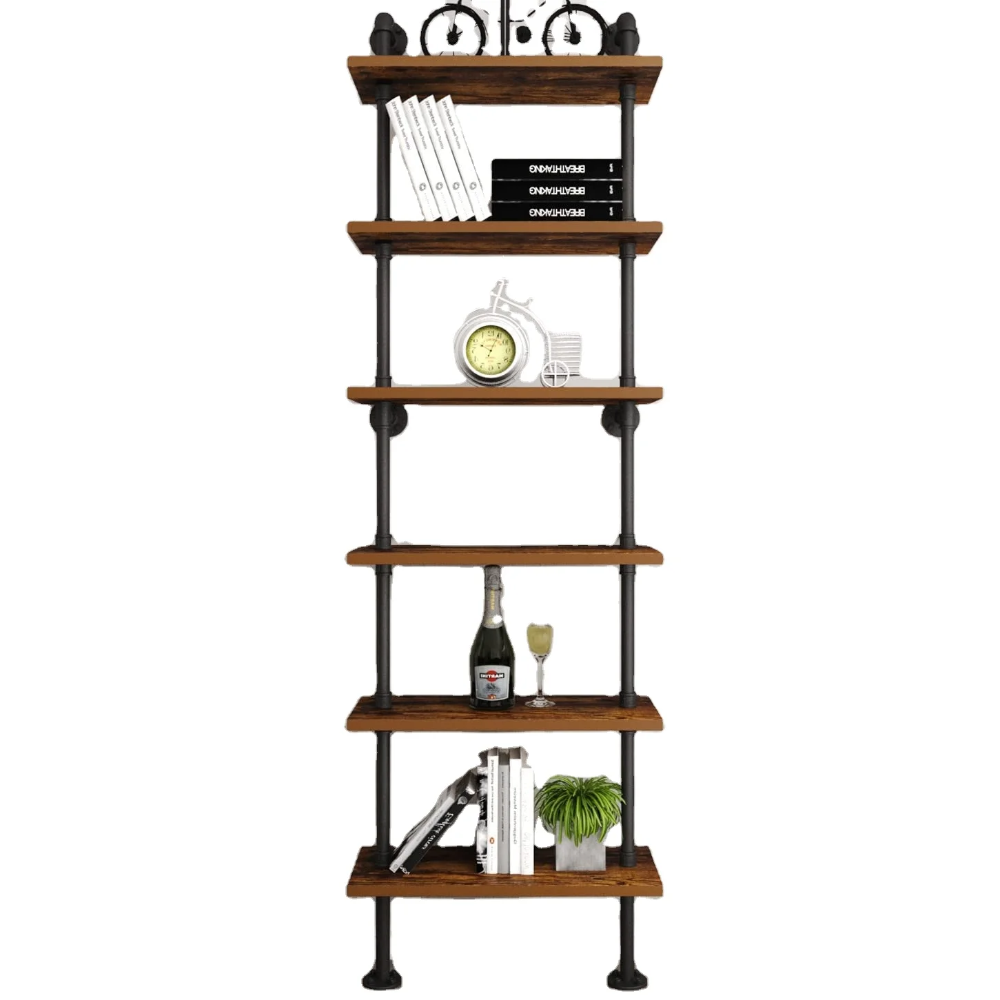 6-Tier Black Industrial Pipe Shelf Rustic Wood Wall Shelf Ladder Bookshelf Wall Mounted Storage Decor Shelf for Home, Office