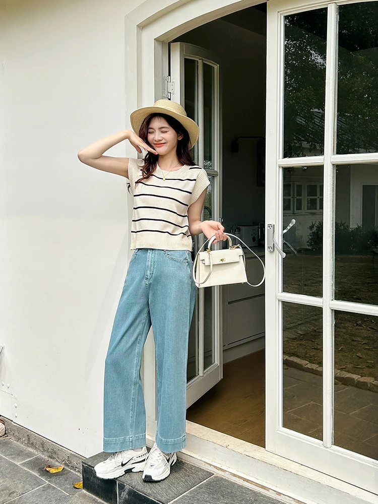 

Джинсы Suri2024 с высокой талией, прямые, синие, женские, летние, модные брюки, корректирующие фигуру, утягивающие ноги