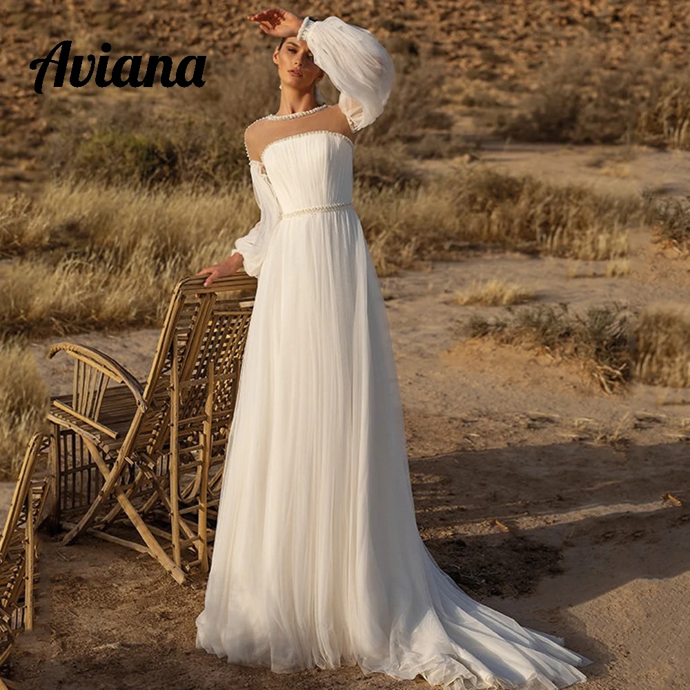 Aviana Fashion Beaded O-Neck Wedding Dresses Lantern Sleeves A-Line Crystal Belt Boho Bride Gowns Tulle платье женское 2024