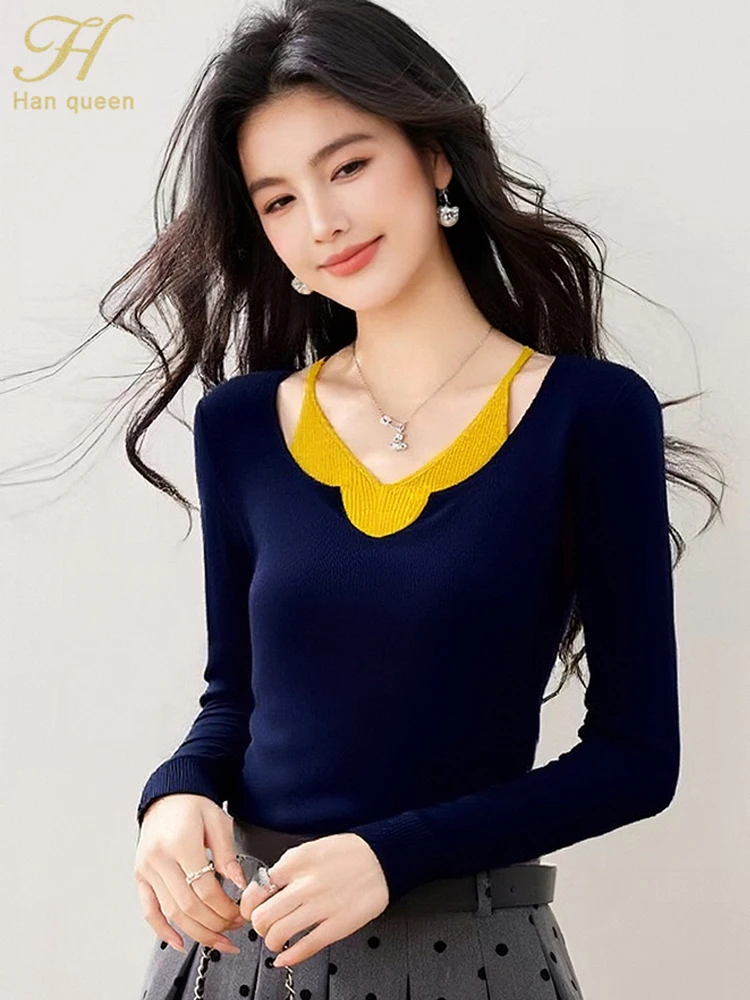 

H Han Queen 2025 Women Sweater Autumn Tops Knitted Color Blocking Long Sleeve Pullover Chic Simple Casual Korean Woman Clothing