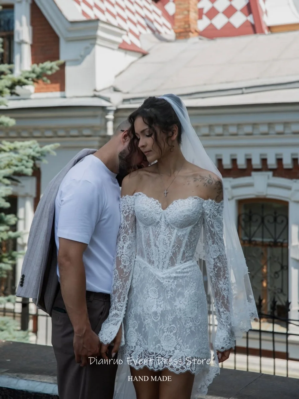 Dianruo No Veil Appliques Wedding Dress Pleated Lace Sleeves Vestido De Noiva Off Shoulder Short Homecoming Dress Customized