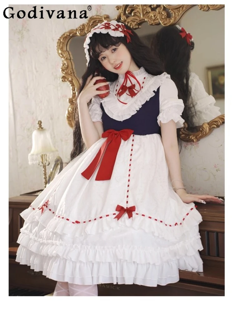 

Elegant Lolita White Op Sweet Peter Pan Collar Short Sleeve Princess Dress Summer Girl High Waist Bow Temperament Cake Dresses