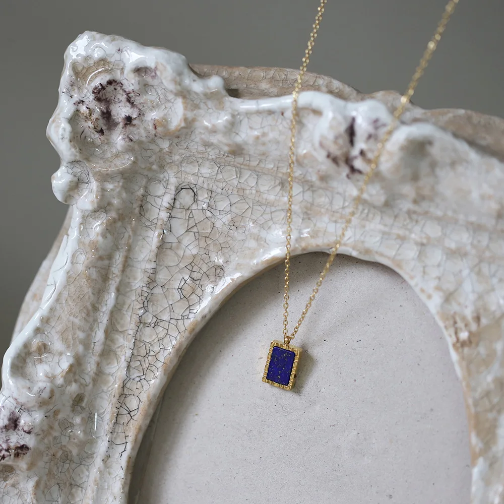Exquisite Stainless Steel Natural Lapis Lazuli Geometric Pendant Necklace for Women Waterproof Metal Statement Fashion Jewelry
