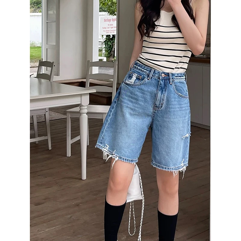 YIBASHU 2026 Summer Women American Retro Gothic Ripped Denim Shorts Punk Y2K 2000s Japanese Harajuku High Street Blue Jean Pants