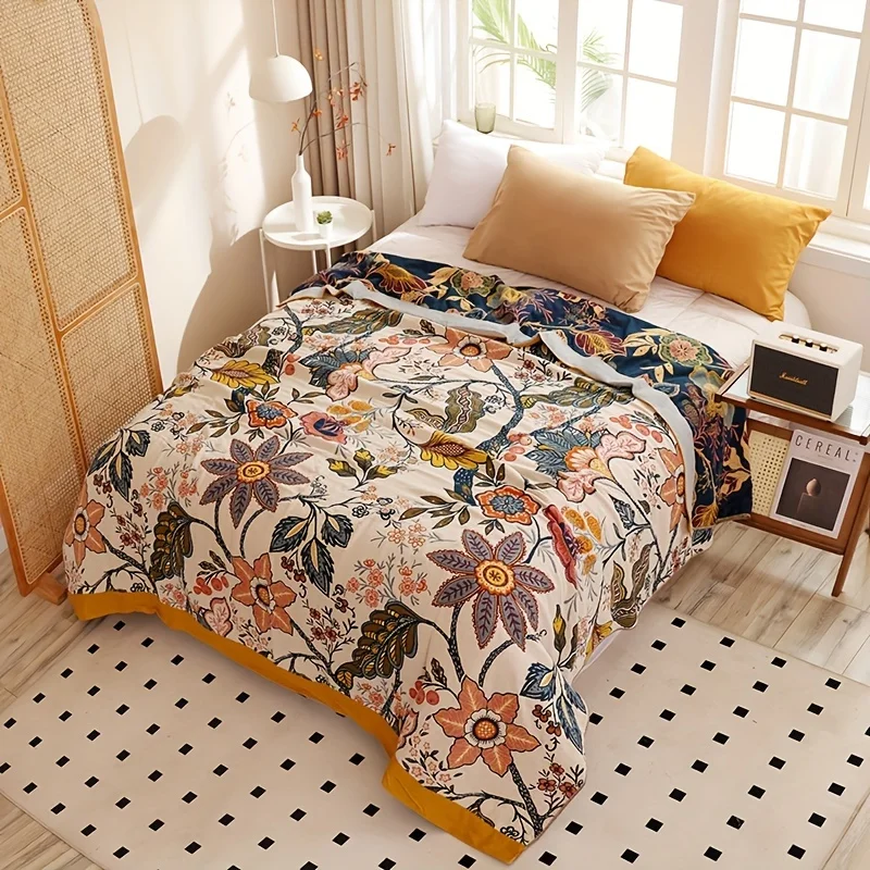 Soft & Breathable Floral Gauze Throw Blanket - Versatile For All Seasons, Perfect For Couch, Bed, Office Nap, And Air Conditioni