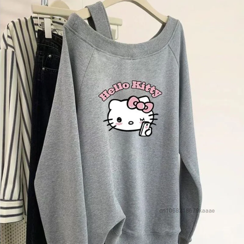 Hello Kitty Slanted Neck Off Shoulder Long Sleeved Hoodies Women\'s Autumn Winter Pure Cotton Pullovers Korean Version Casual Top