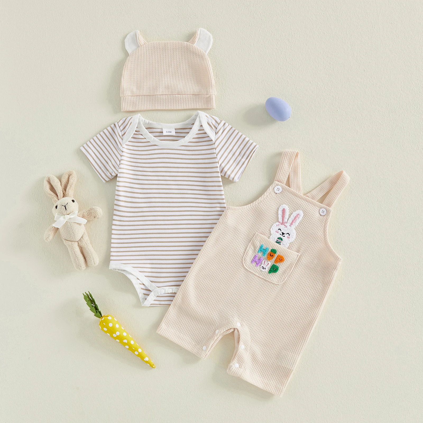 Baby Easter Outfits Casual Striped Crew Neck Short Sleeve Romper Bunny Carrot Overalls and Hat 3 Pcs Set