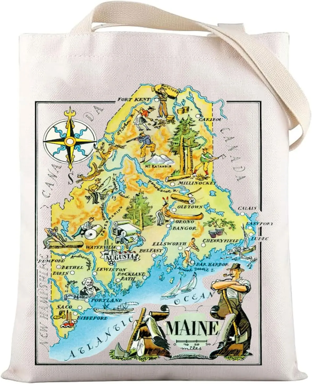 Vintage Maine State Map Canvas Tote Bag Retro Illustrated Maine Travel Print Reusable Women Shopping Shoulder Handbag