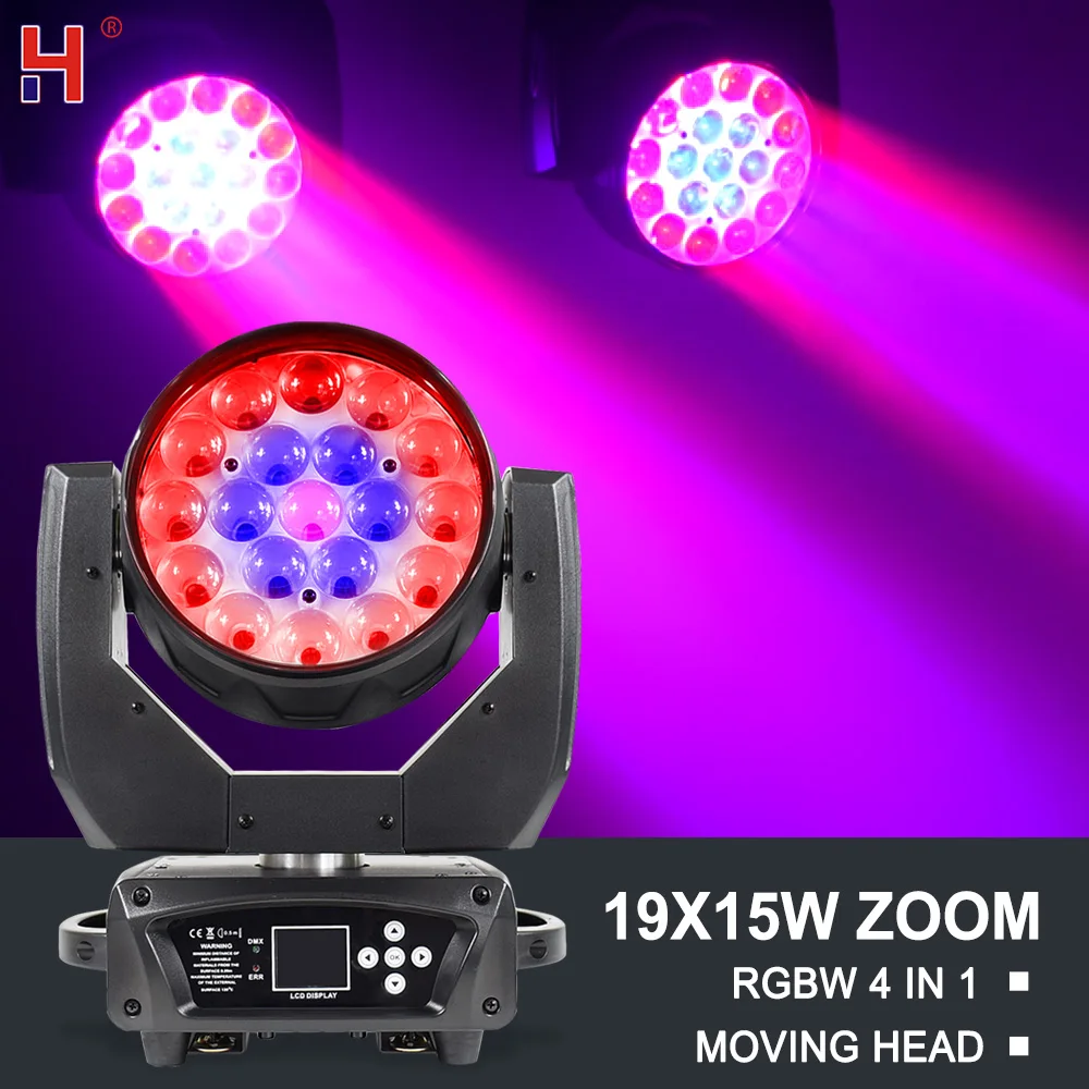 

HongYi 19X15W Lyre Zoom Wash RGBW Moving Head Light DMX Controller Stage Spotlight For Dj Nightclub Disco Wedding Party Lights