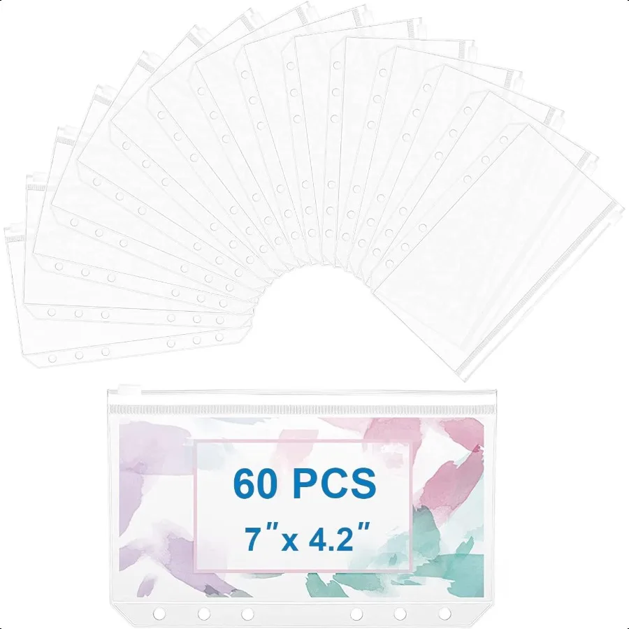 

60pcs A6 Binder Pockets 6 Holes Zipper Folders Clear PVC Card Loose Leaf Bags Cash Envelopes for Budgeting Binder Waterproof Do