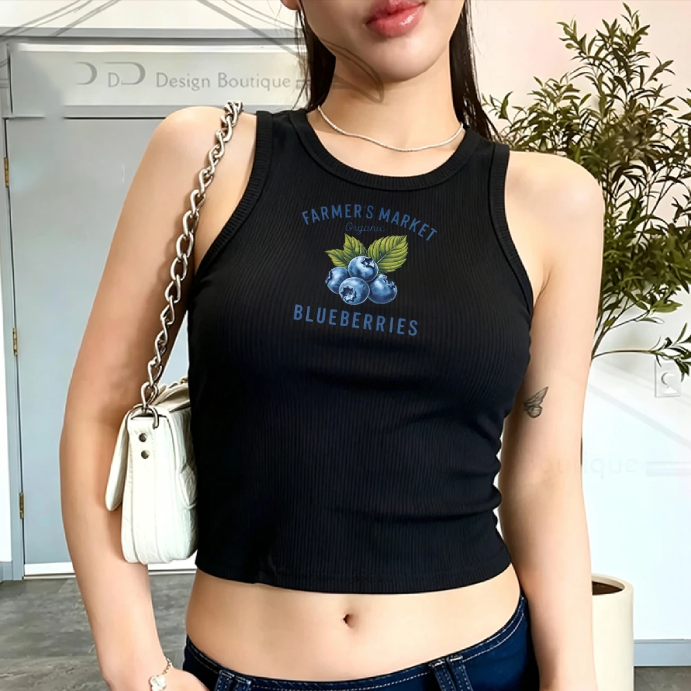 Farmer's Market Blueberry Letter Printed Crop Camisole Fresh Fruit Style Y2k Top Skinny Ribbed Tank Top Sleeveless Cropped Vest