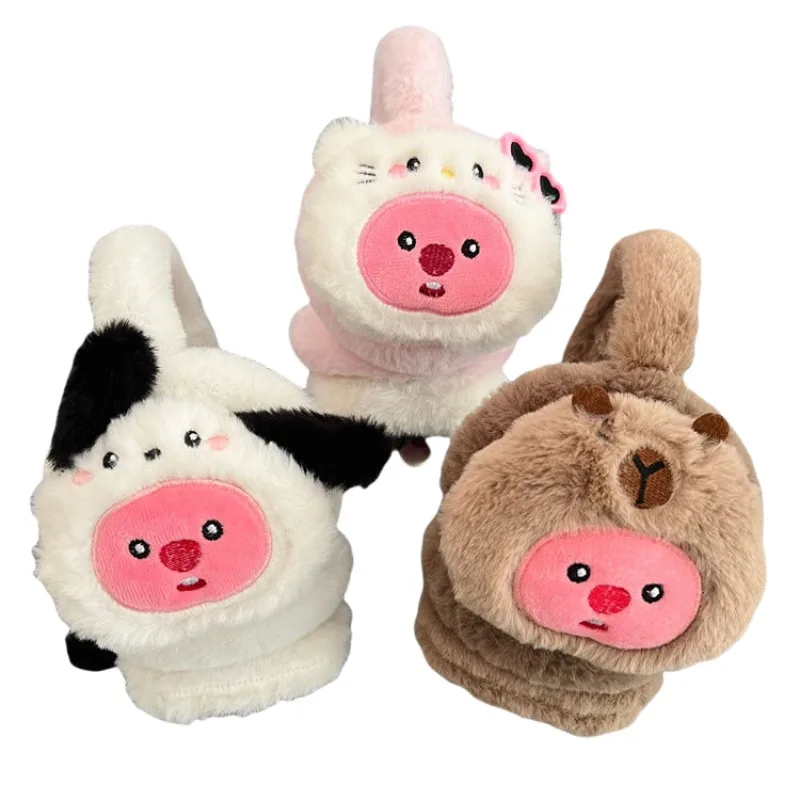 ที่ครอบหูให้ความอบอุ่นหัวใจของผู้หญิงผ้าปิดหน้าตุ๊กตาตัวการ์ตูนน่ารักแบบปรับได้