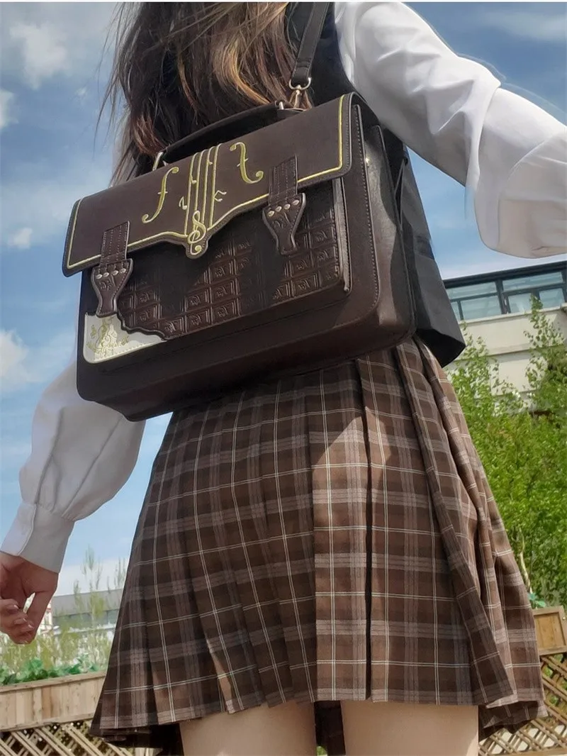 Musical Note Chocolate Briefcase Backpack Jk Uniform Bag Vintage Messenger Bag Lolita Jk Uniform Bag Japanese Student Bag Unisex