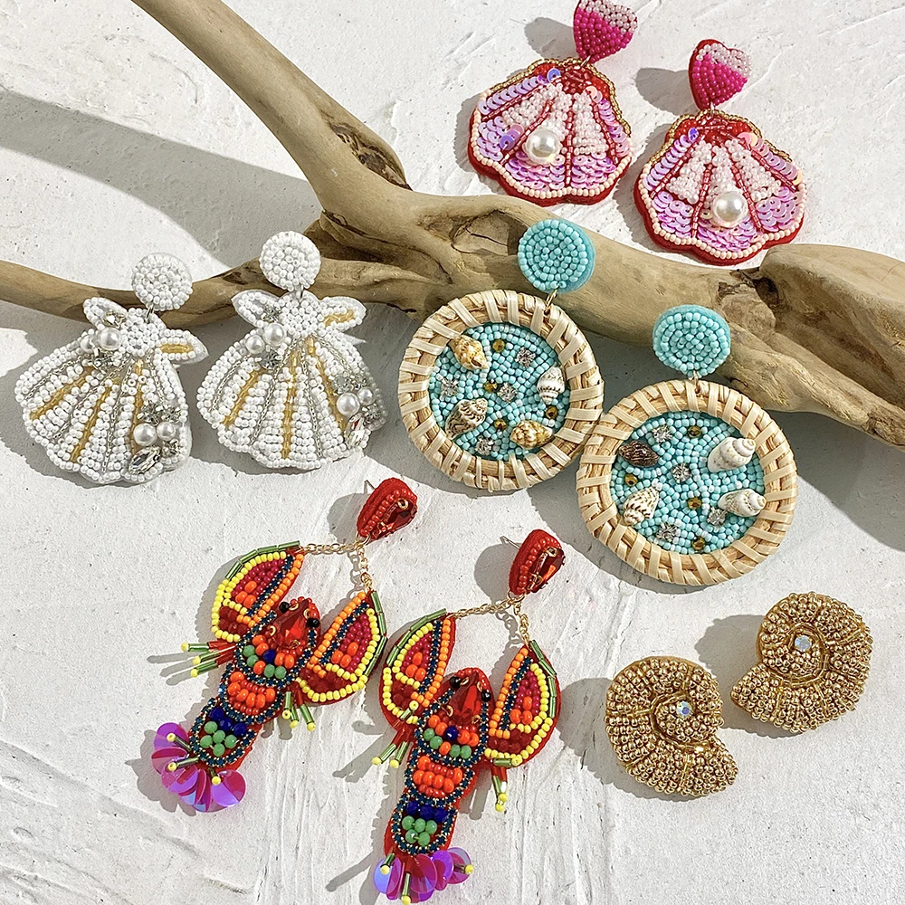 Bohemia Handmade Beaded  Shell Turtle Lobster Beach Drop Earrings For Women New Summer Colorful Starfish Pearl Wooden Earring