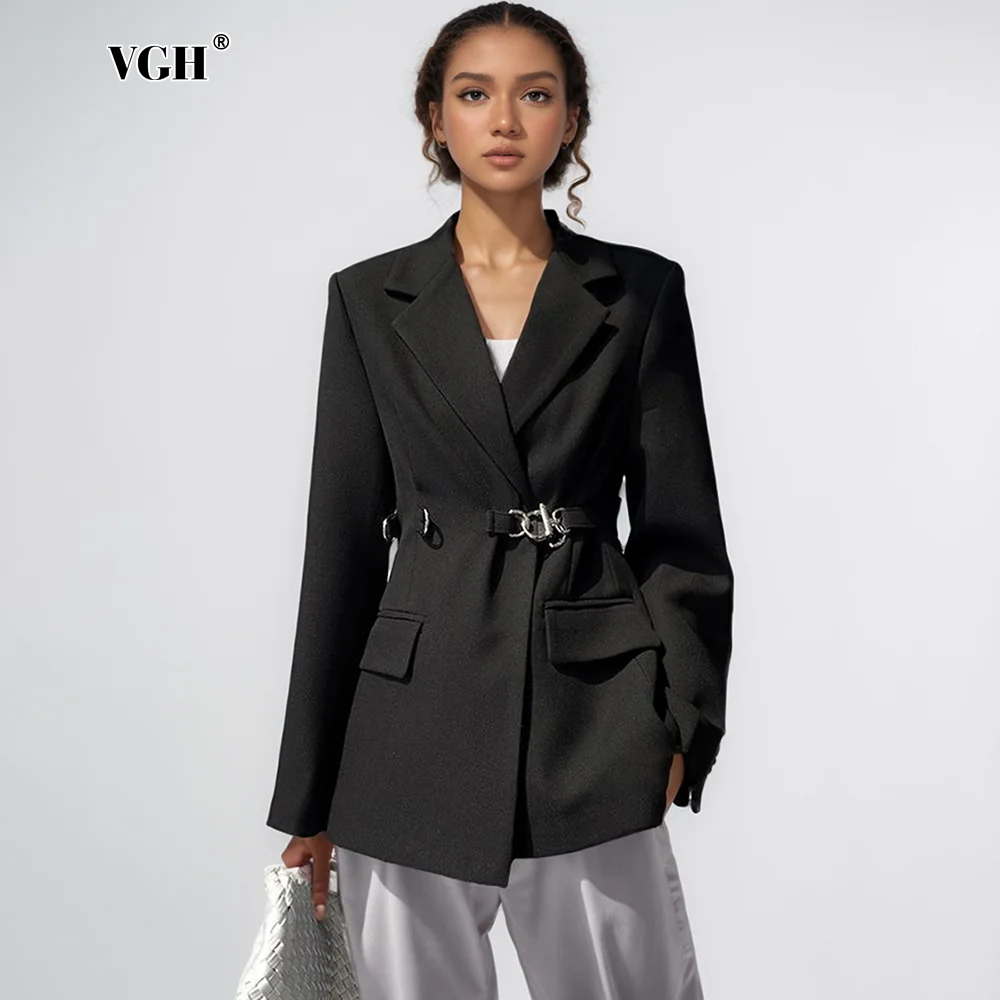 VGH Vintage Solid Patchwork Belt Temperament Blazer For Women Notched Collar Long Sleeve Slimming Elegant Blazers Female Style