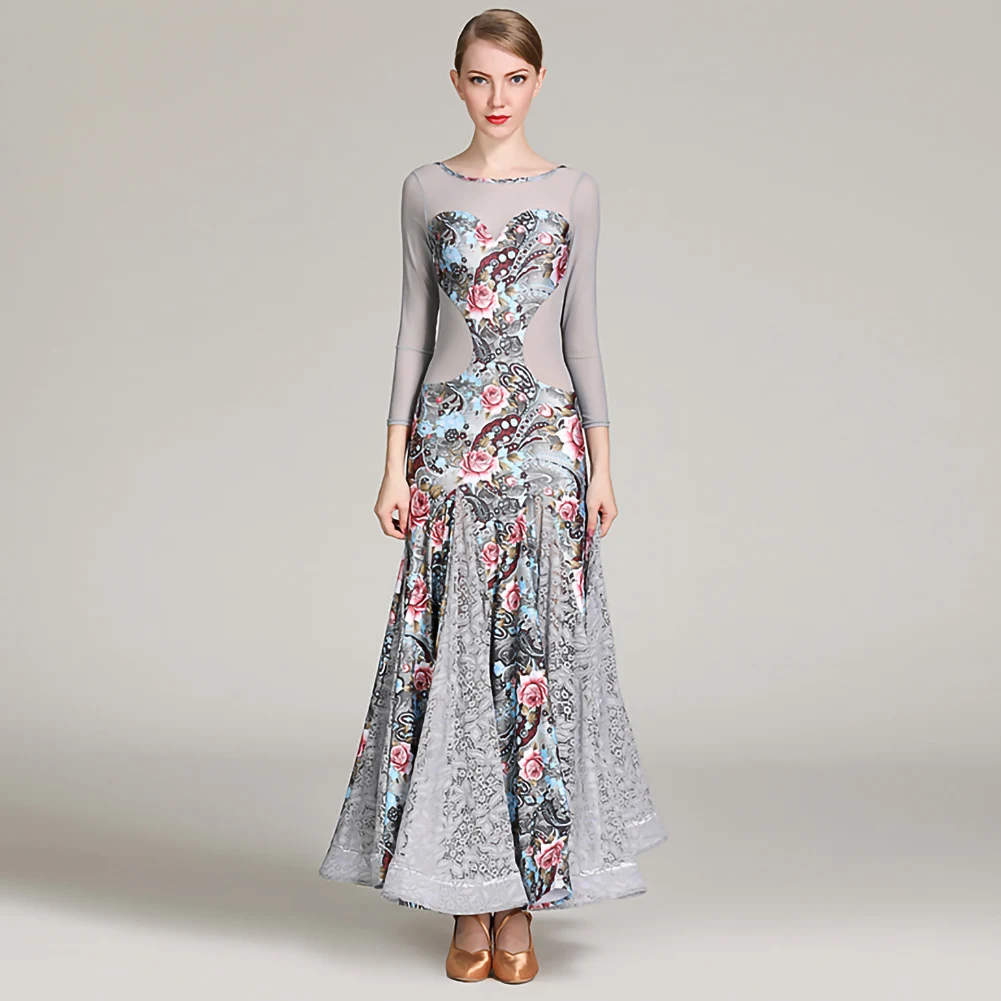 Elegante standaard danswedstrijdjurk grijze wals ballroomwedstrijdjurk met lange mouwen en groene kanten podiumjurk nieuw